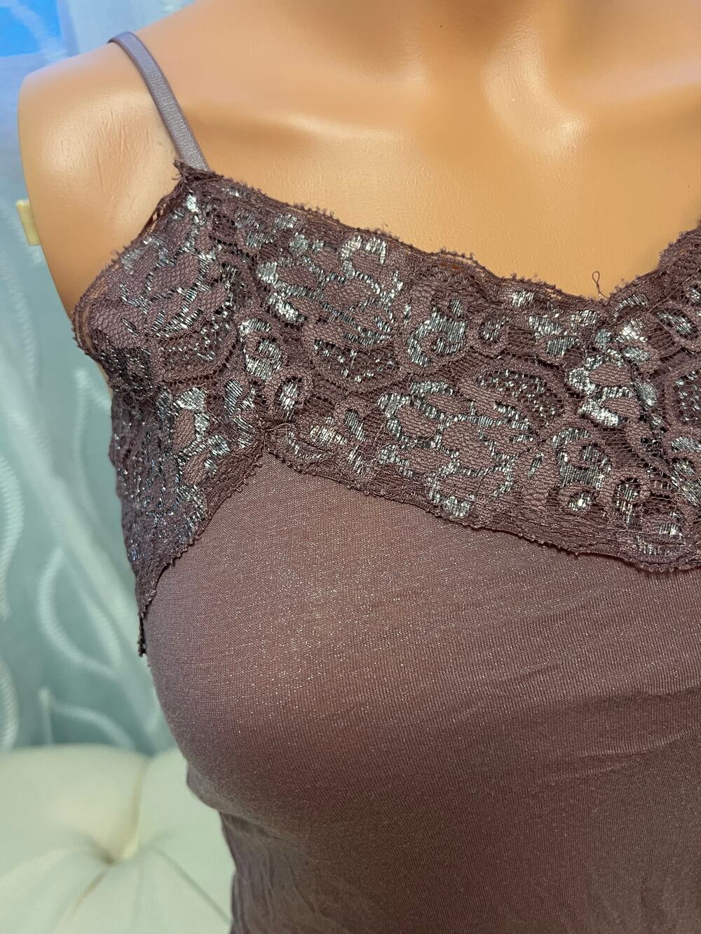 Vanity Y2K Purple Spaghetti Strap Glitter Lace Trim Vintage Camisole Bedazzled